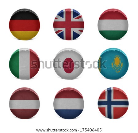 Vintage old hockey pucks with the German, British, Hungarian, Italian, Japanese, Kazakh, Latvian, Dutch, Norwegian national flags on a white background