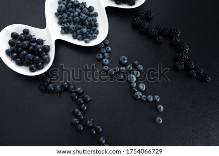 Set of different types of black berries in a white plate on a black table. Stylish seasonal vitamins.