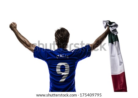 Italian soccer player, celebrating on a white background.