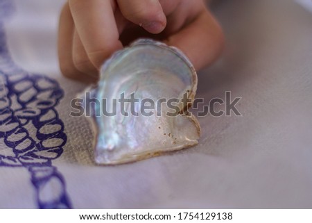 Closeup detail of a young child's fingers holding a seashell. Τablecloth with a picture of a nautical knot.