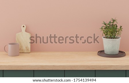 Minimal kitchen interior mock up design for product presentation background or branding concept with green counter bright wood top and pink wall include vase with plant chopping block and glass Royalty-Free Stock Photo #1754139494