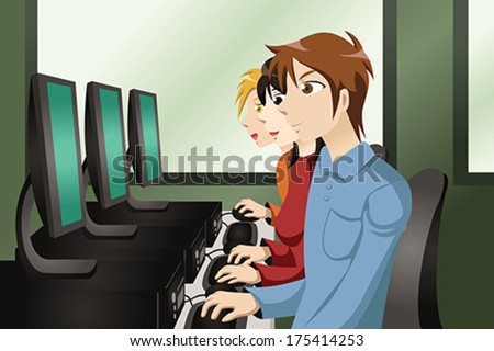 A vector illustration of college students in a computer lab