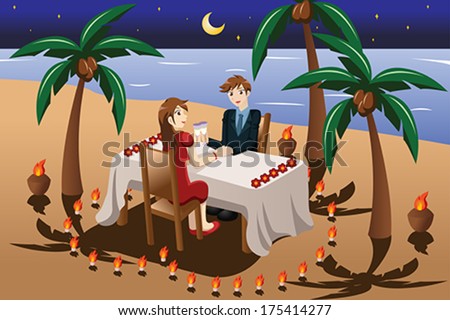 A vector illustration of happy couple having romantic candle light dinner in the beach