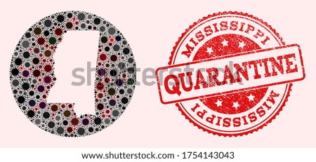 Vector map of Mississippi State collage of SARS virus and red grunge quarantine seal stamp. Infection cells attack the lockdown territory from external zone.