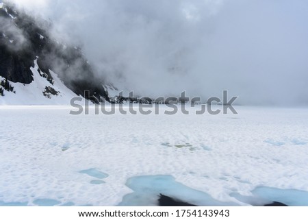 Snow Lake - Snow covered alpine glacial lake with ice cold blue water 
