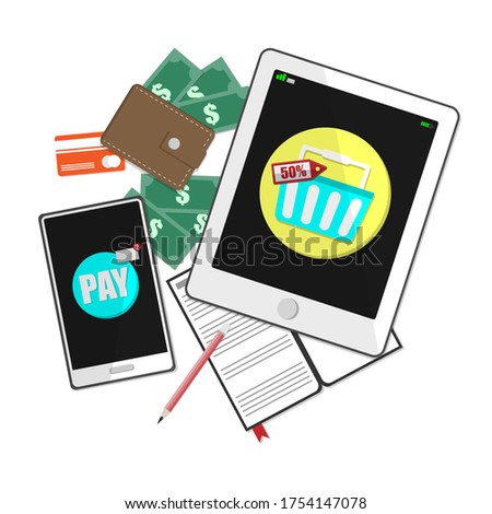 Vector creative design, Pay or buy products online with mobile phones.