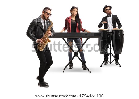Musical band with a male sax player, a female keyboard player and a conga drummer isolated on white background