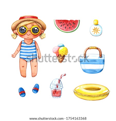 hand drawn watercolor clip art set of little girl in swimsuit with watermelon, ice cream, sunscreen and cup of juice with rubber ring isolated on white- concept of summer and beach accessories 
