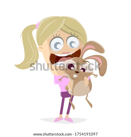 funny cartoon illustration of a girl cuddling a bunny