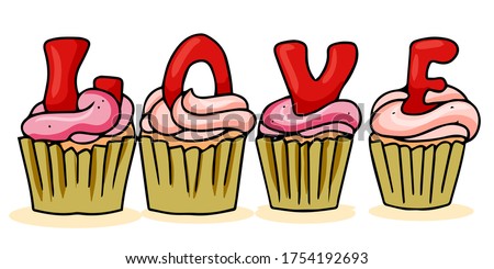 Valentine's Day set with love elements. cupcake decorated with a heart and pink cream. Cute vector hand-drawn illustration isolated. 