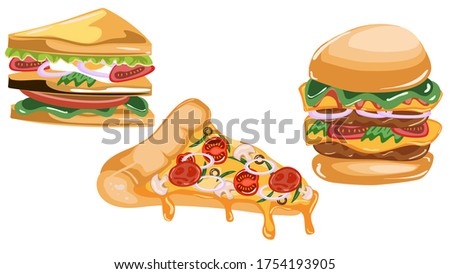 Hand drawn vector of sandwich, burger and pizza slice set. Fast Food Cartoon Clip art  isolated illustration in white background 