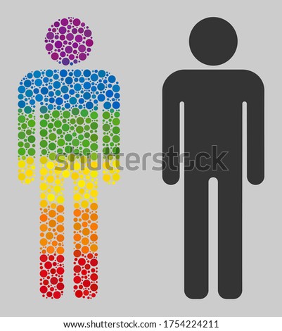 Man figure collage icon of circle spots in various sizes and spectrum color hues. A dotted LGBT-colored Man figure for lesbians, gays, bisexuals, and transgenders.
