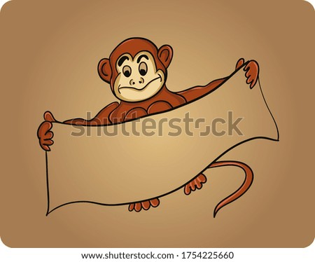Cute monkey holding a sign icon.Vector illustration isolated on a brown background.