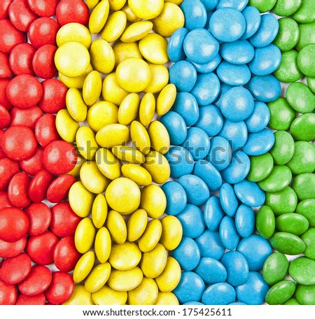 Close up of a pile of colorful chocolate coated candy by color in a row