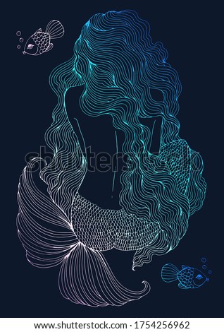 Vector drawing fantastic sea mermaid with long wavy hair sits with his back. Ornamental decorated graphic illustration of a fairytale mermaid. Pattern sea nymph. Fairy tale colorful neon light