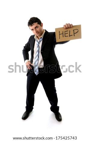 overworked business Man in Stress wearing a messy Suit holding a help sign on a white background 