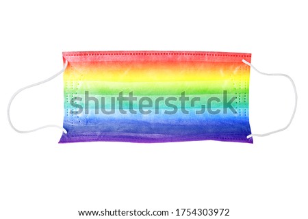 Protective medical mask LGBT community flag color on white background isolated closeup, surgical face mask LGBTQ pride rainbow pattern, protection breathing mask, gay, lesbian etc design, sign, symbol