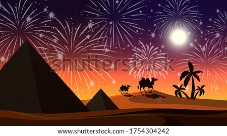 Desert with celebration fireworks scene illustration