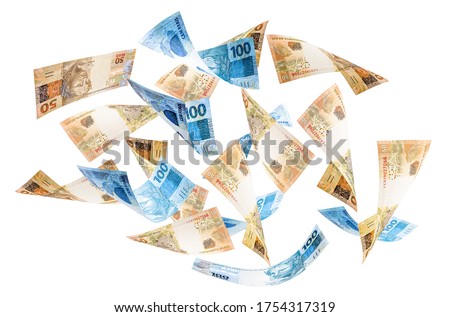 Fifty and one hundred reais bills falling, money from Brazil on isolated white background. One hundred and fifty dollar bills flying, concept of fortune, wealth, grand prize or lottery