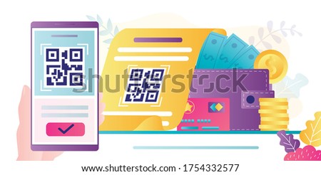 QR Code scanning concept. Hand holding smartphone and scan code. Mobile technology for internet payment. Suitable for web landing page, ui, mobile app, banner template. Trendy flat vector Illustration