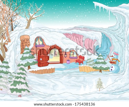 Vector illustration, winter fairy house, card concept.