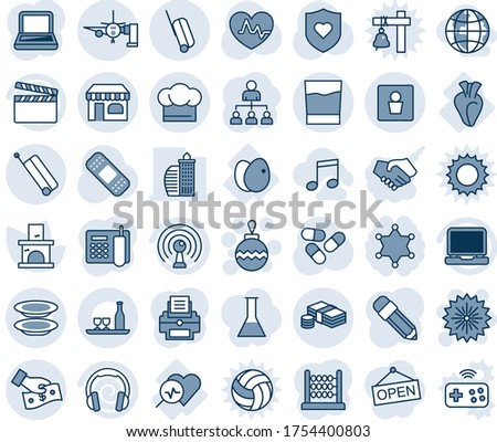 Blue tint and shade editable vector line icon set - suitcase vector, shop, male wc, boarding passengers, firework, christmas ball, hierarchy, fireplace, heart pulse, pills, patch, shield, diagnosis