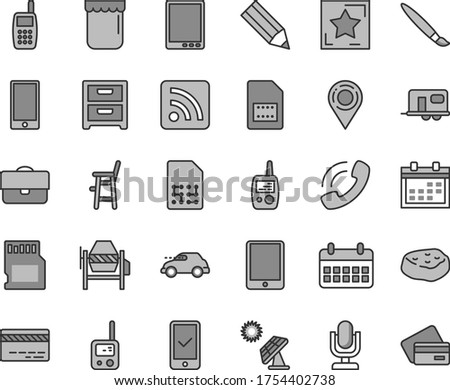 Thin line gray tint vector icon set - tassel vector, desktop microphone, calendar, bank card, rss feed, toy phone, mobile, a chair for feeding child, concrete mixer, smartphone, nightstand, jam, SIM