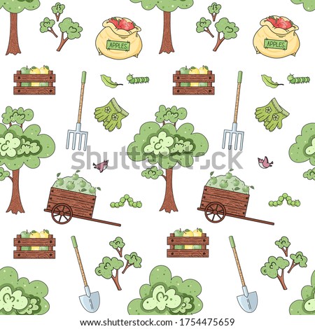 
Vector seamless pattern with harvesting apples theme. Cute hand drawn season gardening background for package, banner, print, card, fabric, label, advertising, textile, wrapping paper, web.