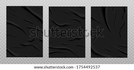 Black glued paper texture, wet wrinkled paper sheets set. Posters with crumpled and creased wrinkles isolated on a transparent background. Vector illustration. A4 format. Royalty-Free Stock Photo #1754492537
