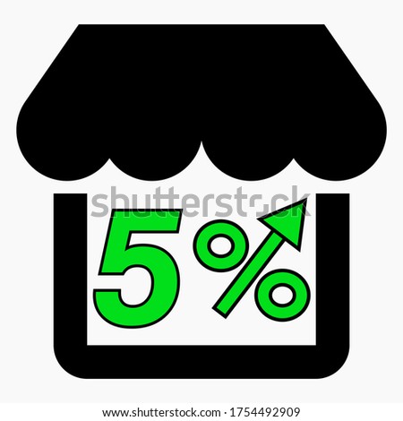 Increase 5% store sales. Store building and percentage increase. Sales growth in the supermarket. Vector icon.