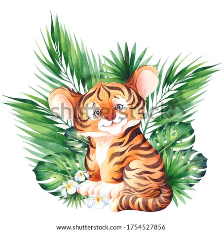 Little tiger cub. Cute children cartoon illustration. Watercolor isolated on white background.