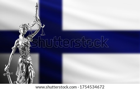 Law and justice in Finland. Finland flag with Themis.