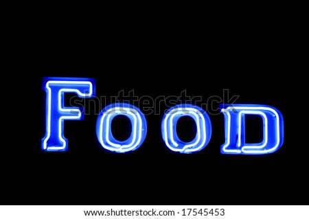 Neon sign with the word "Food" over black