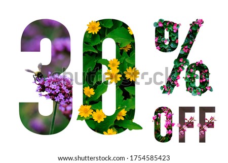 30% off discount promotion sale poster. Summer sale banner with paper cut tropical flowers on