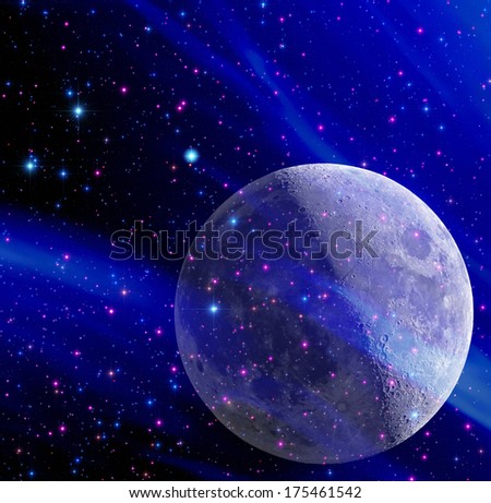 Moon among several hundred stars in deep space of the Milky Way. 