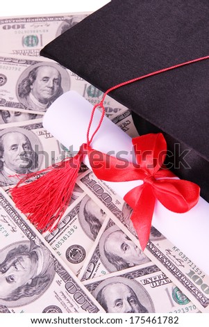 Graduation hat and scroll on money background