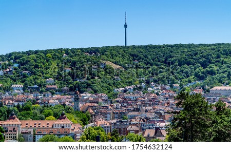 Beautiful Stuttgart city panorama viewpoint shot with the TV Tower houses seen from Karlshöhe
