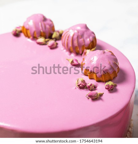 Beautiful pink cream cake on the white background, close up