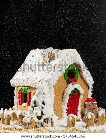 Christmas, new year house shape cake, snowing