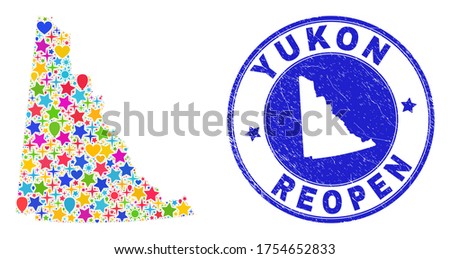 Celebrating Yukon Province map collage and reopening scratched watermark. Vector collage Yukon Province map is composed with scattered stars, hearts, balloons.