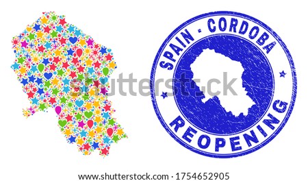 Celebrating Cordoba Spanish Province map collage and reopening rubber watermark. Vector collage Cordoba Spanish Province map is constructed with random stars, hearts, balloons.