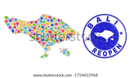 Celebrating Bali map collage and reopening grunge watermark. Vector collage Bali map is constructed of random stars, hearts, balloons. Rounded awry blue seal with grunge rubber texture.