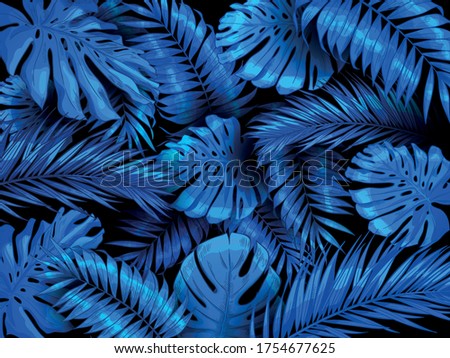 Tropical night background. Exotic blue rainforest leaves. Background with hawaiian plants as monstera, indigo palm tree leaf and palms forest pattern vector illustration. Seamless design with foliage.