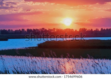Sunset Scene over Lake, Water Surface Sunset