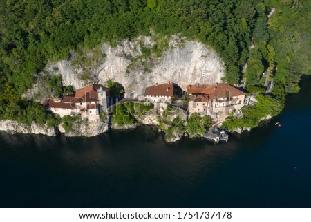 Monastery of Sant'Elena on Lake Maggiore in the province of Varese. Photo taken with a drone from sixty meters high.