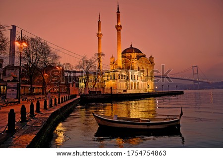 Gorgeous Ortakoy Büyük Mecidiye  Mosque in Istanbul and the Bosphorus on the background