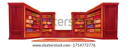 Luxury old library, place for reading with books on shelves and librarian desk. Athenaeum interior stuff, room with wooden bookshelves and rug on floor, literature storage. Cartoon vector illustration