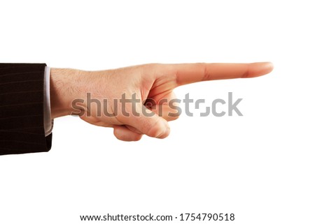 Mislead, lying and indicate wrong direction concept. Male long index finger pointing to false and wrong way. Disinformation in communication conceptual Royalty-Free Stock Photo #1754790518
