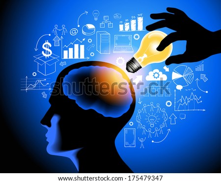 Giving Idea. Good Decision Concept. Pass Ã?Â¢?? Illustration. Hand with lamp and a head with a brain surrounded by sketches of icons. Help ideas. The file is saved in the version AI10 EPS. 