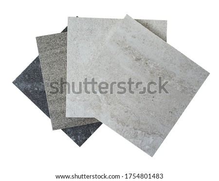 top view of interior floor or wall tile samples in square shape contains grey travertine ,dark grey and black marble isolated on white background with clipping path. Royalty-Free Stock Photo #1754801483